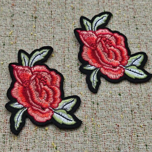 Iron On Patch Red Flower Patches for Clothes Jacket Jeans Embroidery Lot of 2 - Picture 2 of 8